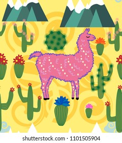 Vector Illustration of seamless pattern with cute cartoon llama alpaca with cactus and design elements on pink background in flat cartoon style.