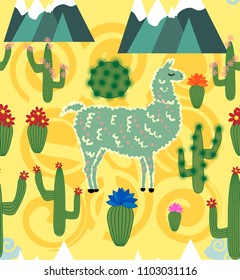 Vector Illustration of seamless pattern with cute cartoon llama alpaca with cactus and design elements on pink background in flat cartoon style.