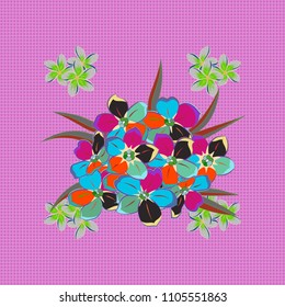 Vector illustration. Seamless pattern with cute flowers in orange, green and blue colors.