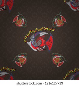 Vector illustration. Seamless vector pattern with cute decorative fishes. Funny multicolor background, marine texture in red, green and brown colors.
