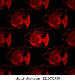 Vector illustration. Seamless pattern with cute cartoon fishes. Fishes in red, brown and black colors.