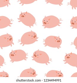 Vector illustration, seamless pattern with cute pigs.