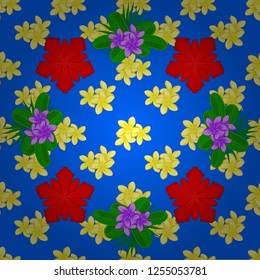 Vector illustration. Seamless pattern with cute plumeria flowers in red, blue and yellow colors.