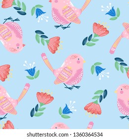 Vector illustration of seamless pattern with  cute sketch birds and flowers in ethnic stule, embroidery imitation, drawn with a tablet isolated on sky blue, endless texture for textile, paper