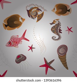 Vector illustration. Seamless vector pattern with cute decorative fishes. Funny multicolor background, marine texture in white, brown and pink colors.