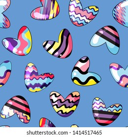 Vector illustration. Seamless pattern  with cute hearts painted  in rainbow colors  on the blue background.