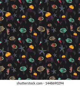 Vector illustration. Seamless vector pattern with cute decorative fishes. Funny multicolor background, marine texture in green, black and brown colors.