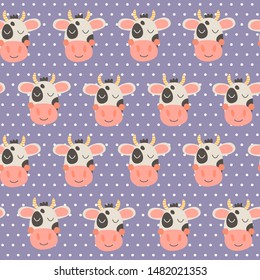 Vector illustration. Seamless pattern with cute funny head cow, dots. Nursery print farm animal. Black, white, violet and pink.  