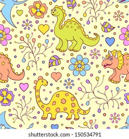 Vector illustration of seamless pattern with cute dinosaurs