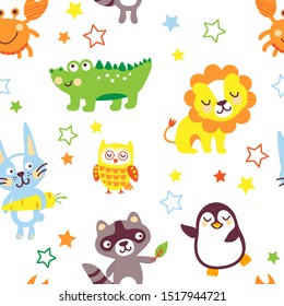 Vector illustration of seamless pattern with cute animals. Cartoon style. Baby lion, crocodile, owl, raccoon, crab, penguin, hare, rabbit. 