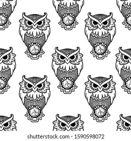 Vector illustration. Seamless pattern. Cute cartoon bird. Owl with a clock in its paws. Occult illustration. Original print for halloween stuff. Isolated on white. Stock illustration.