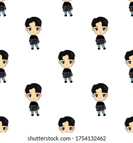 Vector Illustration Seamless Pattern With Cute Anime Character Chibi Guy In Black Sweater And Blue Jeans