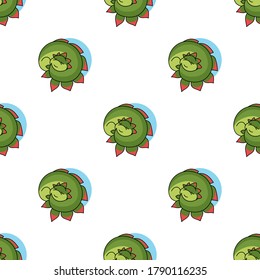 vector illustration seamless pattern with cute funny green sleeping dinosaur stegosaurus on a white background. Seamless pattern for background and textile