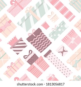 Vector illustration of a seamless pattern of cute gifts of different shapes and colors. Boxes with bows of delicate colors. Cartoon decorations for the festive background.