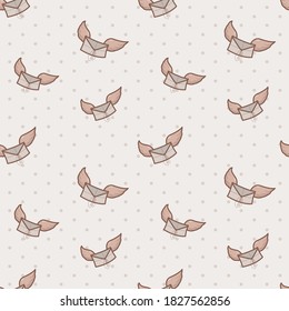 Vector illustration, seamless pattern cute cartoon letters or envelopes with wings. Decoration for background or wrapping paper for love message or gift.