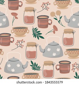 Vector illustration seamless pattern. Cute doodle tea and coffee cups, teapot and glass jar, twigs with leaves and flowers. Background decoration in warm cozy colors.