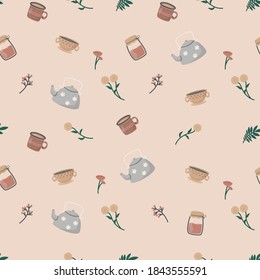 Vector illustration seamless pattern. Cute doodle tea and coffee cups, teapot and glass jar, twigs with leaves and flowers. Background decoration in warm cozy colors.