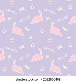 Vector illustration of seamless pattern of cute princess pink dinosaur animal wildlife with egg and mountain with text you're my princess. Pink Dino.