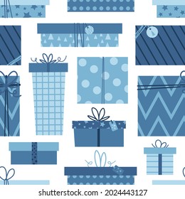 Vector illustration of seamless pattern with cute gift boxes. Geometrical gift boxes. Christmas pattern. Wrapping paper pattern.