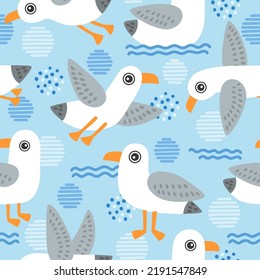 Vector illustration seamless pattern with cute seagulls on a blue background with abstract spots and dots