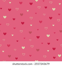 Vector illustration. Seamless pattern of cute hearts in pink, raspberry, beige colors. Valentine's Day design for fabric, wallpaper, textile, wrapping paper, delicate children's background, website ba