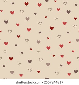Vector illustration. Seamless pattern of cute hearts in beige, brown, red tones. Valentine's Day design for fabric, wallpaper, textile, wrapping paper, delicate children's background, website banner