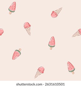 Vector illustration. Seamless pattern of cute pink ice cream cone and watermelon ice cream on light beige background. Summer pattern, print for fabric, textile, wrapping paper