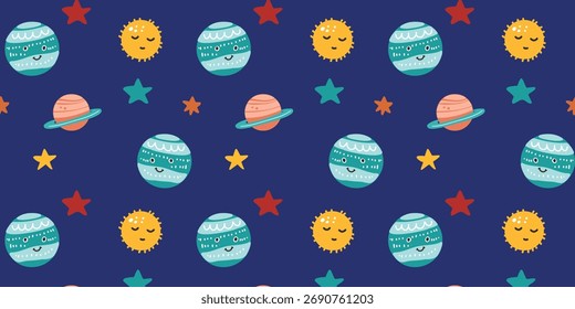 vector illustration seamless pattern with cute funny planets