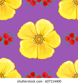 Vector illustration. Seamless pattern with cute cosmos flowers on a violet background.