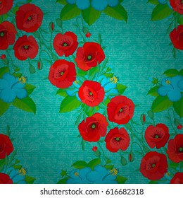 Vector illustration. Seamless pattern with cute poppy flowers on a blue background.