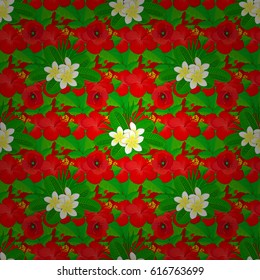 Vector illustration. Seamless pattern with cute hibiscus flowers on a red background.
