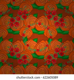 Vector illustration. Seamless pattern with cute rose flowers and green leaves on a brown background.