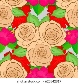 Vector illustration. Seamless pattern with cute rose flowers and green leaves on a gray background.