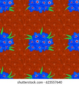 Vector illustration. Seamless pattern with cute forget-me-not flowers on a brown background.