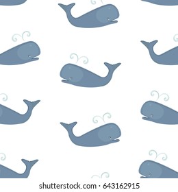 Vector illustration seamless pattern cute whale with fountain. Sea mammal background, print for kids