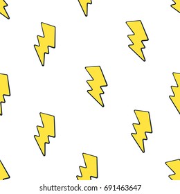 Vector illustration. Seamless pattern with cute yellow electric lightning bolts on white background. Weather symbol. Pattern with contour