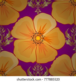 Vector illustration. Seamless pattern with cute cosmos flowers in yellow, orange and purple colors.