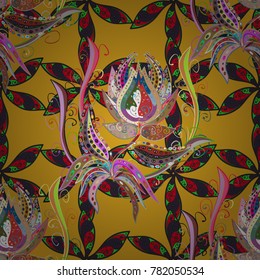 Vector illustration. Seamless pattern with cute flowers and leaves on yellow, gray and red colors, watercolor floral pattern, tileable for wallpaper, card or fabric.