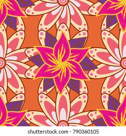 Vector illustration. Seamless pattern with cute flowers and leaves on beige, orange and pink colors, watercolor floral pattern, tileable for wallpaper, card or fabric.