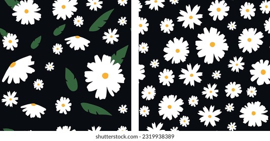 Vector illustration. Seamless pattern with daisies and leaves. A large set.