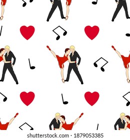 Vector illustration. Seamless pattern
dancers, hearts and notes on a white background. Design element for poster, banner, clothes.