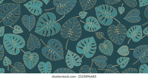 Ilustração vetorial, Padrão sem emenda de folhas verde-escuras de monstera de diferentes sombras em um fundo escuro. Fundo para o site, embalagem, tecido de design, papel de parede, textil