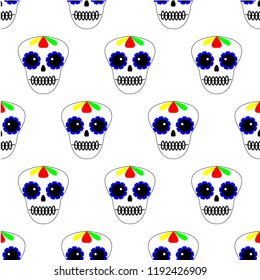 Vector illustration. Seamless pattern. Day of the dead. Dia de los muertos icons on white background. Set of colourful sculls. Halloween texture, background.