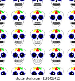 Vector illustration. Seamless pattern. Day of the dead. Dia de los muertos icons on white background. Set of colourful sculls. Halloween texture, background.