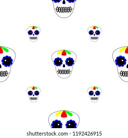 Vector illustration. Seamless pattern. Day of the dead. Dia de los muertos icons on white background. Set of colourful sculls. Halloween texture, background.