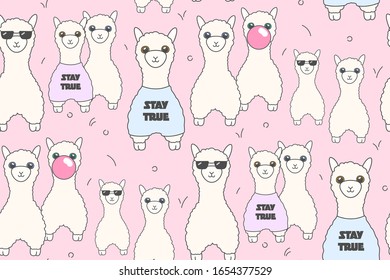  Vektorillustration Illustration. Nahtlose Muster für Dekoration, Umhüllung, Stoffe. Cute Cartoon Llamas