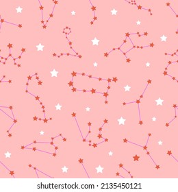 Vector illustration. Seamless pattern for decoration, design. Astronomy of various constellations on a pink background. Zodiac signs. Glowing lines and dots. Star map.