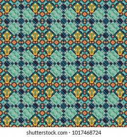 Vector illustration. Seamless pattern with decorative geometric and abstract elements in blue, brown and black colors.