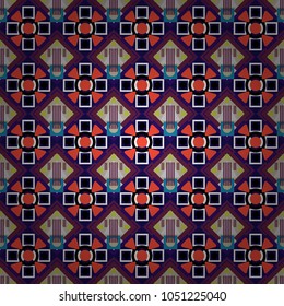 Vector illustration. Seamless pattern with decorative geometric and abstract elements in red, blue and purple colors.