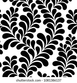 vector illustration, seamless pattern, decorative plants with drop-shaped leaves, black and white graphics